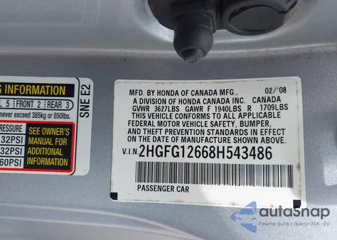 2008 Honda Civic Lx from USA, damaged, VIN 2HGFG12668H543486